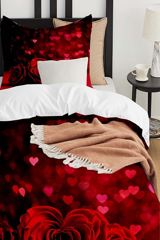 Kırmızı Güller Desenli Baskılı Pamuk Saten Çocuk ve Tek Kişilik Nevresim Takımı - 3