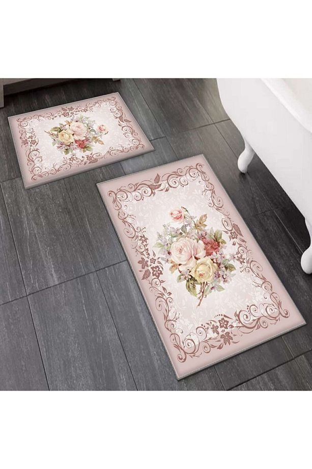 Kahve Sarı Pembe Çiçekli 2'li Klozet Takımı Banyo Paspas Seti Halısı - 1