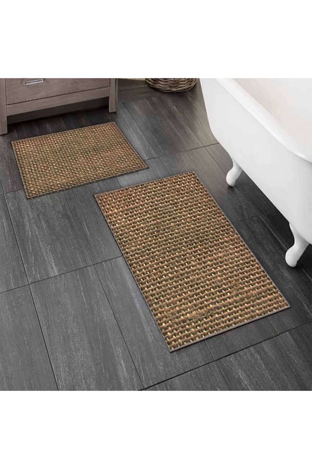 Kahve Hasır Jüt Görünümlü 2'li Klozet Takımı Banyo Paspas Seti Halısı - 3