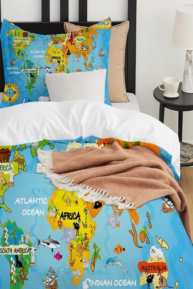 Single Patterned World Map Children's Bedding Set - Without Sheets - 2
