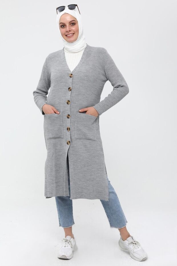 Women's Double Pocket Buttoned Long Winter Hijab Cardigan N4277