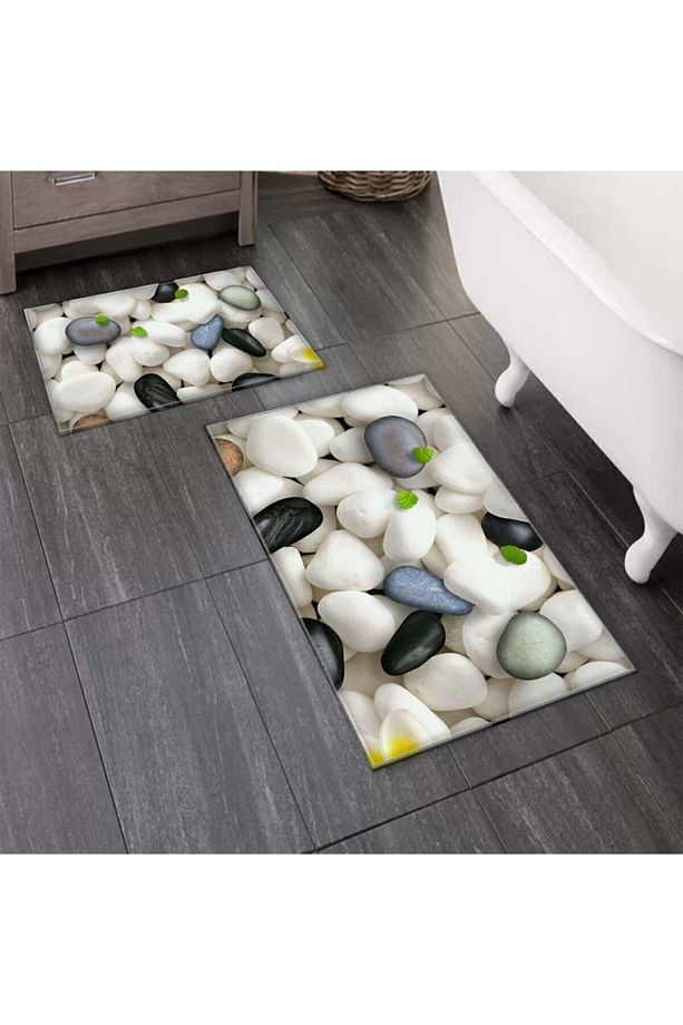 Else Siyah Beyaz Çakıl Taşları 2'li Klozet Takımı Banyo Paspas Seti Halısı - 3