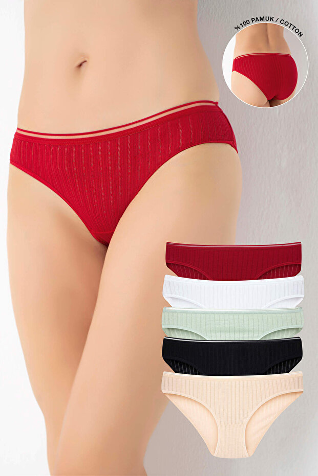 Pack of 5 Chain Stitched Breathable Fabric 100% Cotton Bikini Panties (Black, Green, Red, White, Nude)