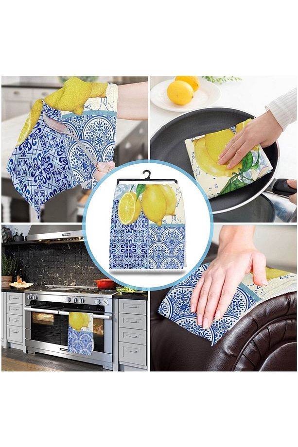 Mavi Sarı Limon Desenli Mikrofiber Mutfak Havlusu Kurulama Bezi Su Emici El Yüz Havlusu - 3