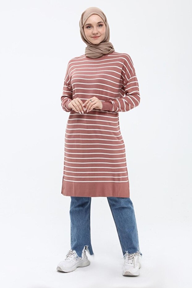 Women's Striped Long Knitwear Hijab Tunic 4355
