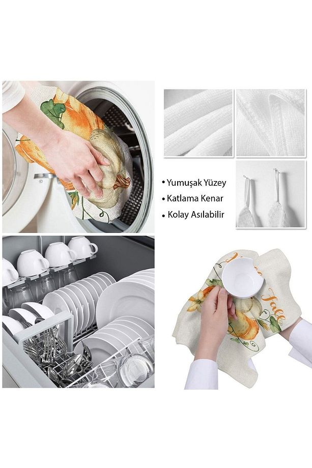 Else Turuncu Bal Kabağı Desen Mikrofiber Mutfak Havlusu Kurulama Bezi Su Emici El Yüz Havlusu - 4