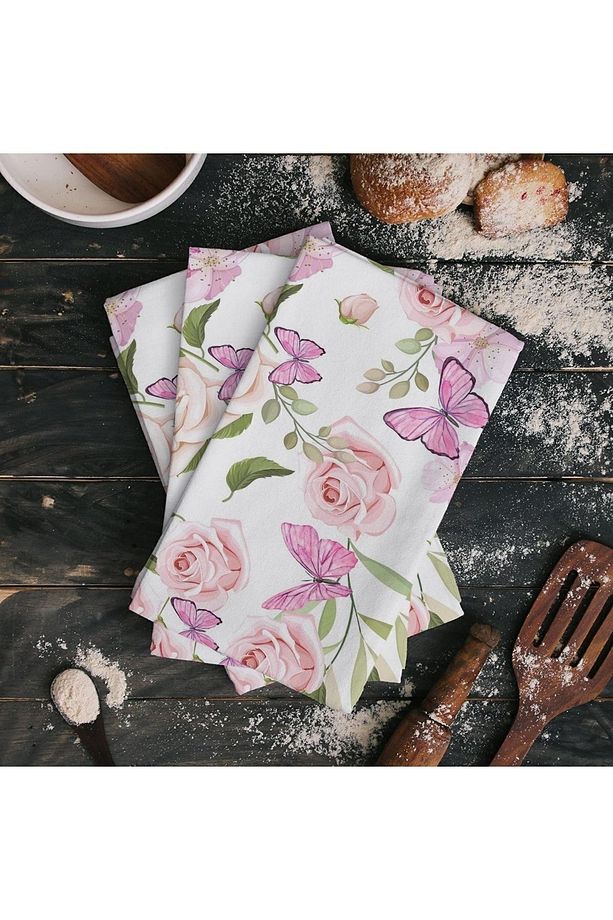Pembe Kelebek Çiçek Desen Mikrofiber Mutfak Havlusu Kurulama Bezi Su Emici El Yüz Havlusu - 2