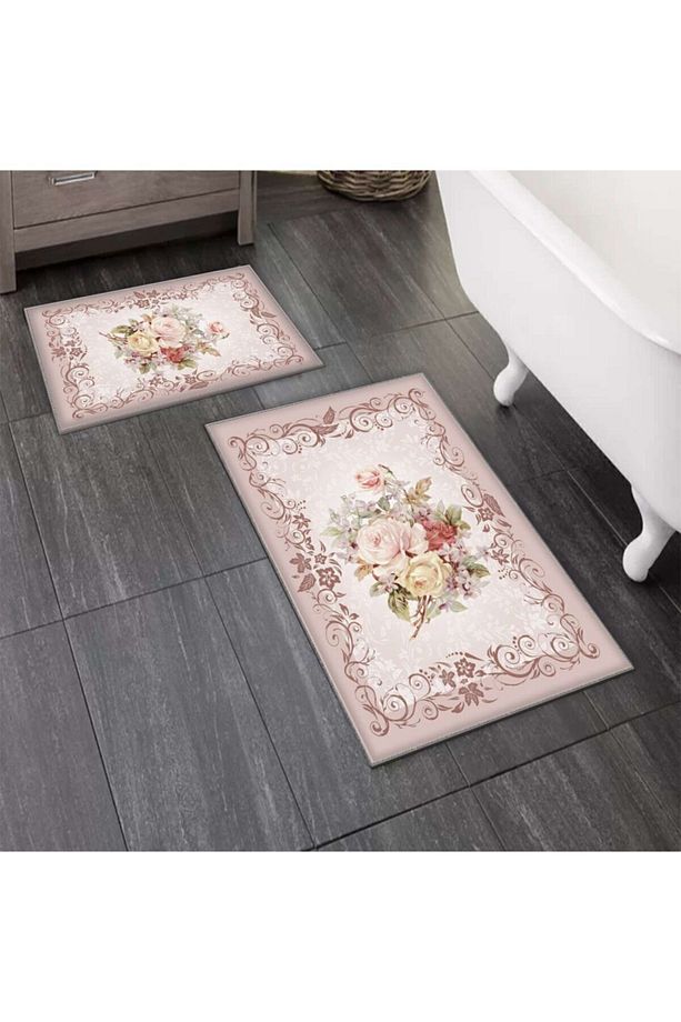 Kahve Sarı Pembe Çiçekli 2'li Klozet Takımı Banyo Paspas Seti Halısı - 3
