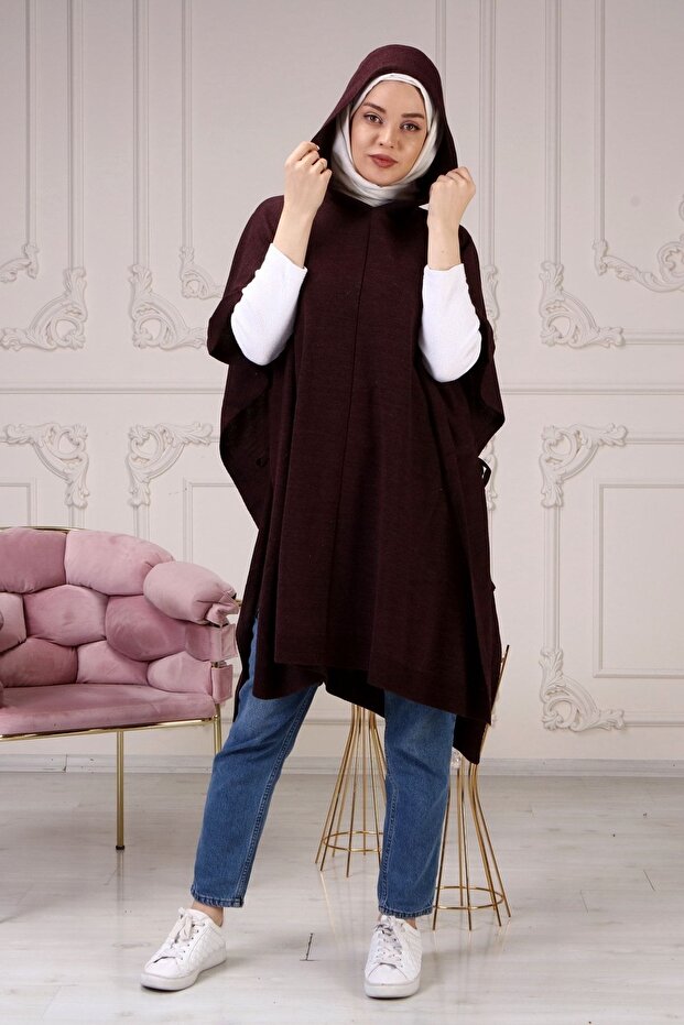 Women's Plum Side Laced Hooded Thin Knitwear Poncho