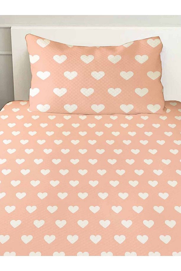 Pembe Kalpli Desenli Tek Kişilik Yastıklı Baskılı Yatak Örtüsü Pike Takımı 160x220cm - 3