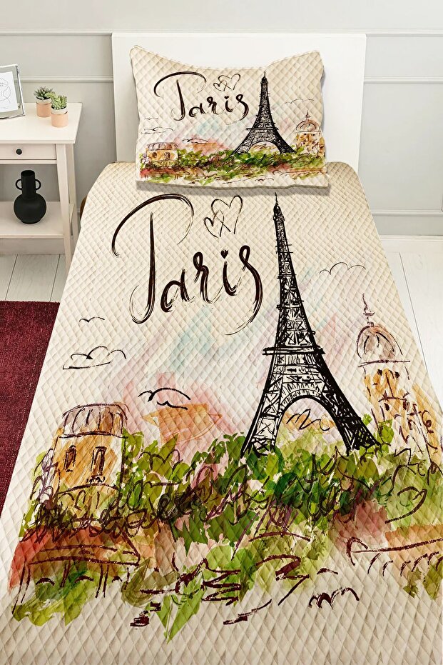 Paris Eiffel Tower Pattern Printed - Single Decorative Bed Pique Set - 1