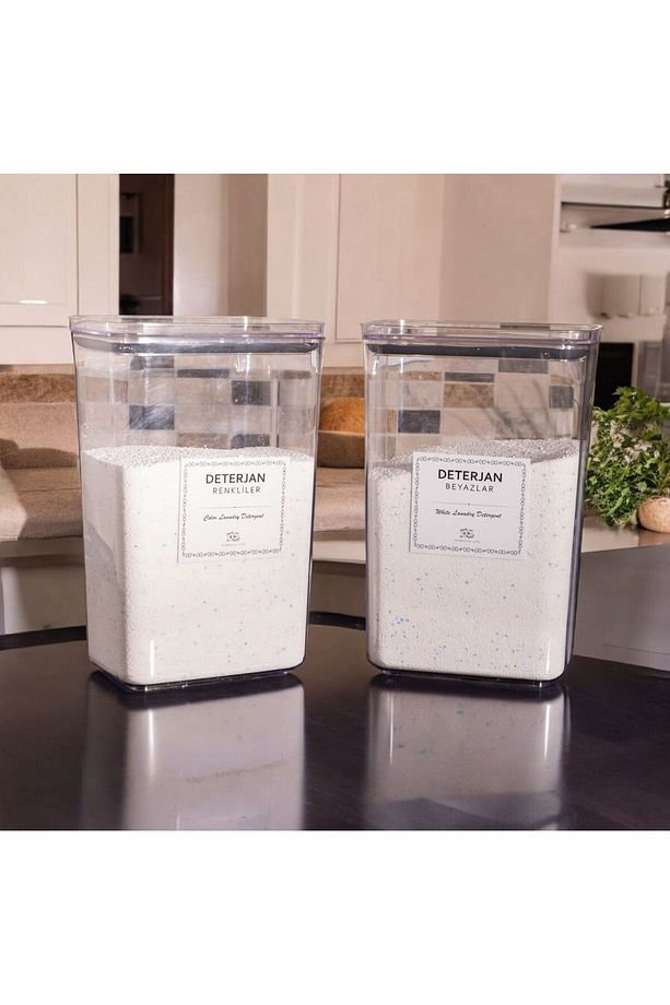 2 Adet Etiketli Deterjan Kutusu Vakum Kapaklı Renkliler Beyazlar Deterjan Saklama Kabı 2900 ml - 5