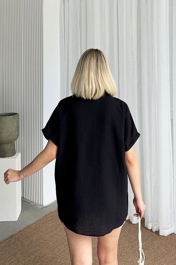 Kadın Siyah Kroşeta Cepli Oversize Keten Gömlek Prm0855 - 5