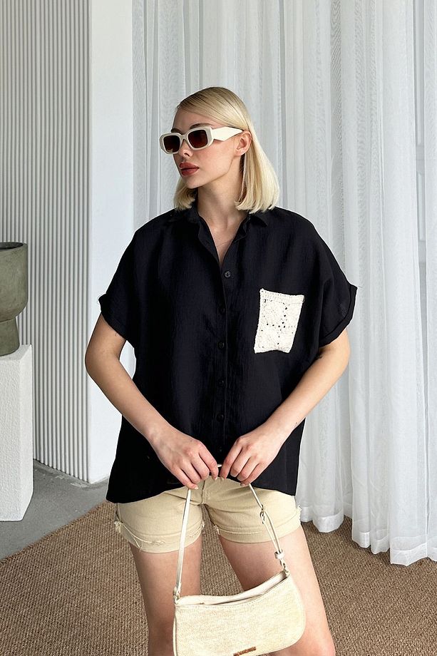 Kadın Siyah Kroşeta Cepli Oversize Keten Gömlek Prm0855 - 3