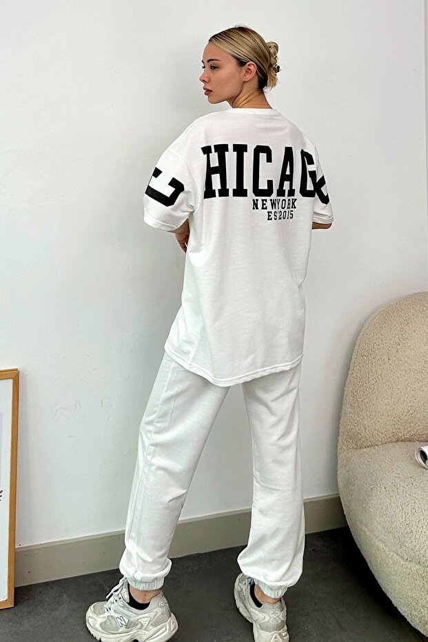 Women's Ecru Crew Neck Printed T-shirt and Jogging Tracksuit Set Prm0730