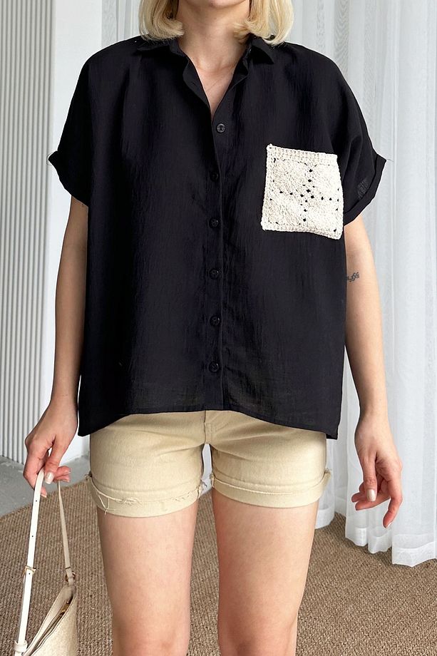 Kadın Siyah Kroşeta Cepli Oversize Keten Gömlek Prm0855 - 2