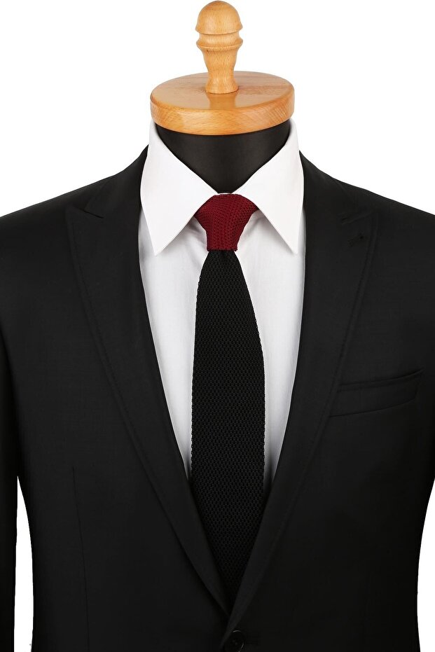Men's Black - Claret Red Plain Knitted Tie Knitted 8272 KRVT8690002221424