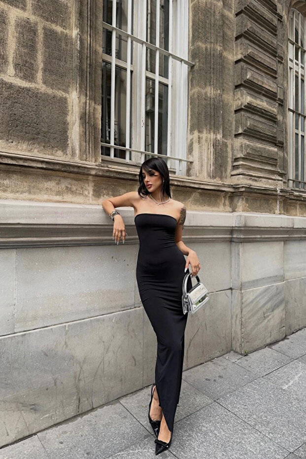 فستان أساسي أسود بدون حمالات مع فتحة في الخلف - 1