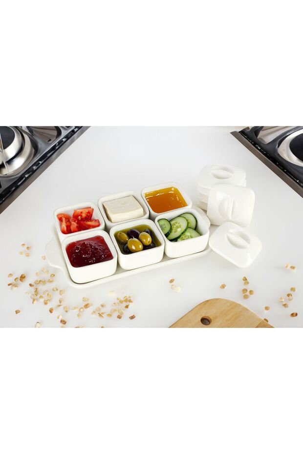 5-Piece Porcelain Breakfast Bowl with Cover and Tray without Spoon
