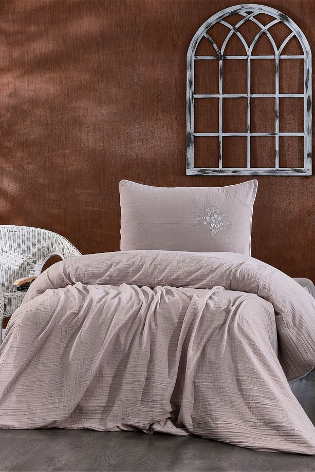 Nakışlı 2 Parça Müslin Pike Yatak Örtüsü Ve Yastık Kılıfı Seti - Soft Tek Kişilik Müslin Pike Set - 1