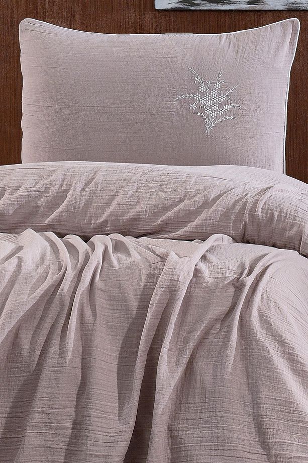 Nakışlı 2 Parça Müslin Pike Yatak Örtüsü Ve Yastık Kılıfı Seti - Soft Tek Kişilik Müslin Pike Set - 2