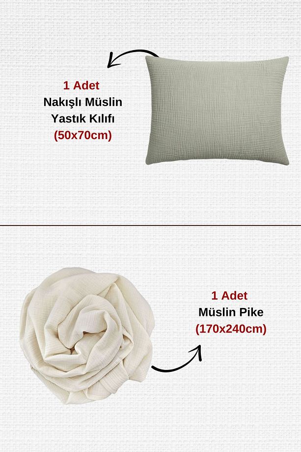 Nakışlı 2 Parça Müslin Pike Yatak Örtüsü Ve Yastık Kılıfı Seti - Soft Tek Kişilik Müslin Pike Set - 3