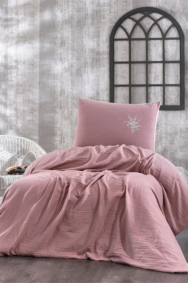 Nakışlı 2 Parça Müslin Pike Yatak Örtüsü Ve Yastık Kılıfı Seti - Soft Tek Kişilik Müslin Pike Set - 1