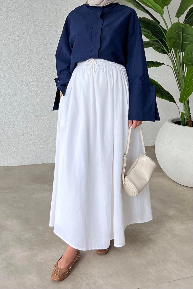 White Linen Skirt with Adjustable String - 1