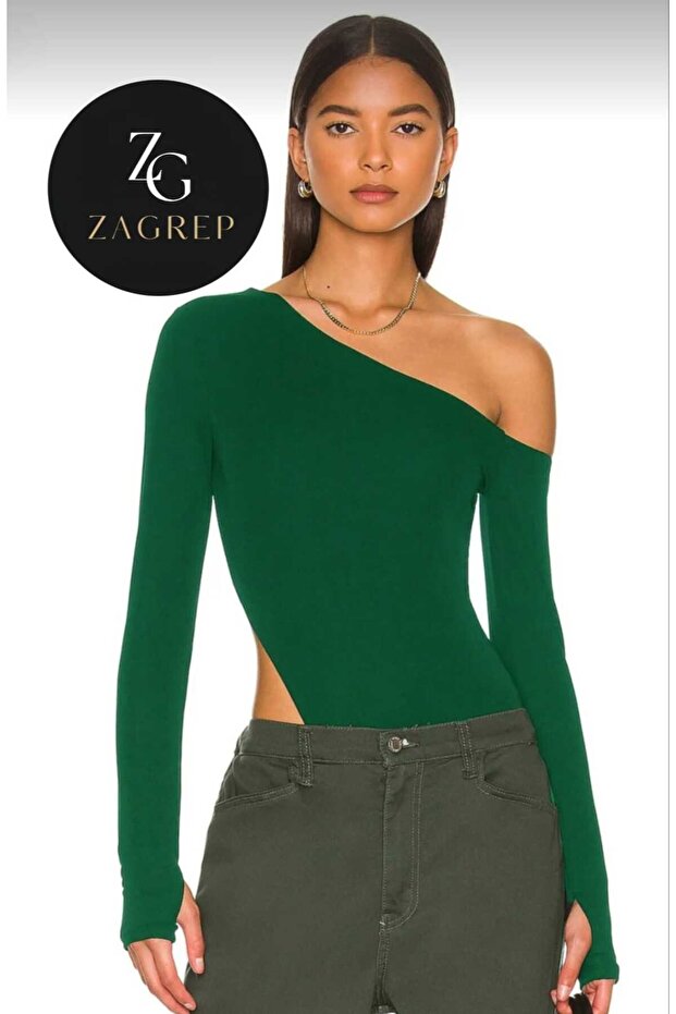 Women's emerald green silk jersey bodysuit with shoulder detail and finger cut