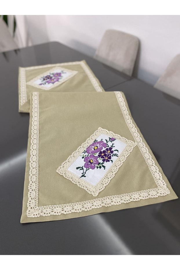 Cross Stitch Embroidered Beige Color Runner 40x120 cm (Special Size Made)