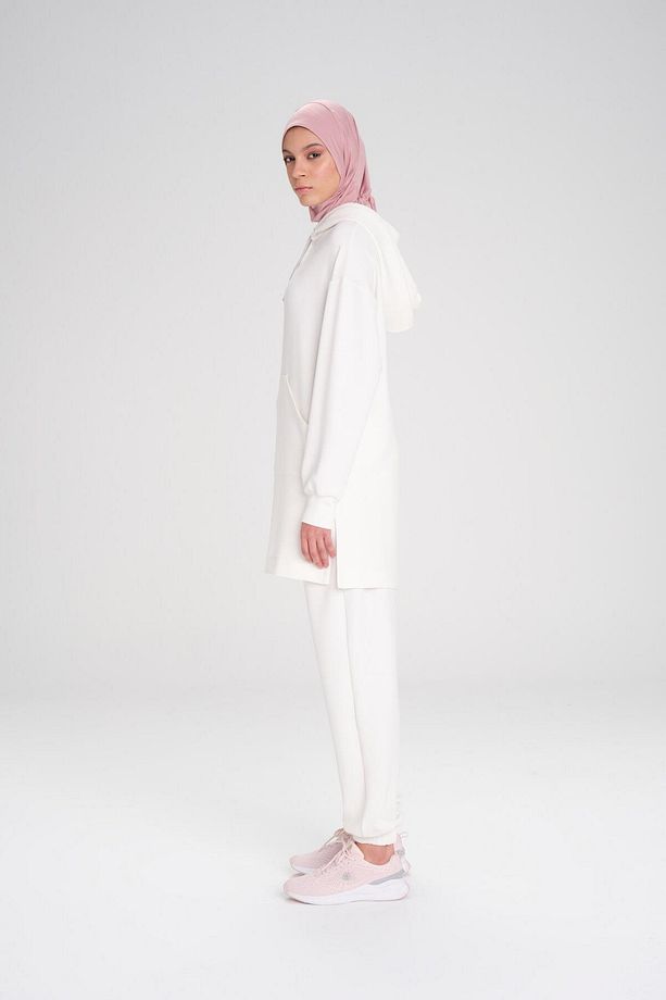 Yumuşak Dokulu Kapüşonlu Ekru Basic Günlük Sweatshirt ACT-13 - 2