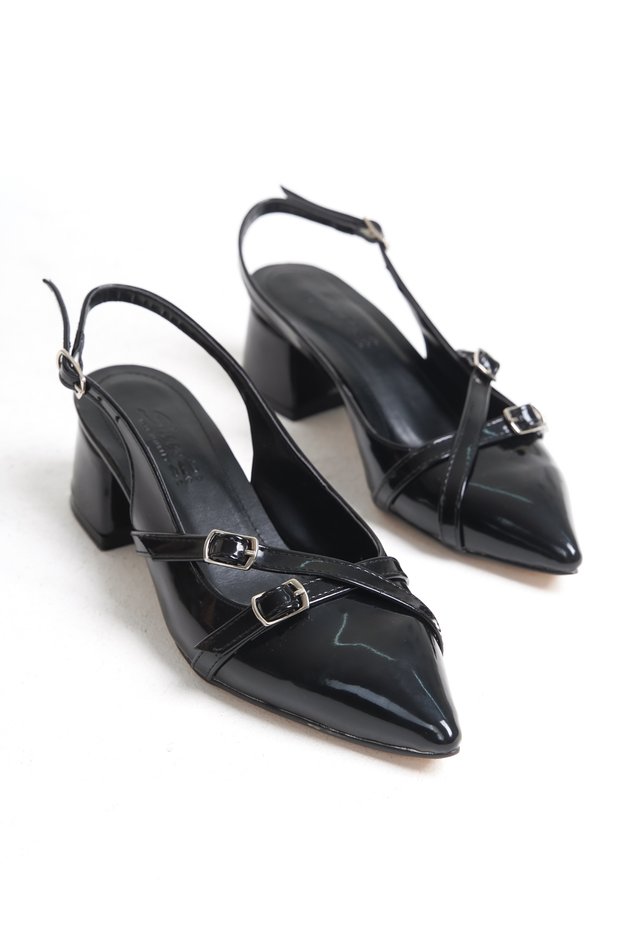 Black Patent Leather Pointed Toe Buckle 4 cm Thick Heeled Women's Shoes