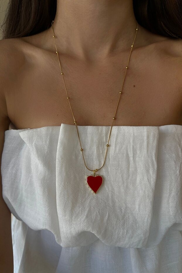 Çelik Kırmızı Mineli Kalp Kolye - 1