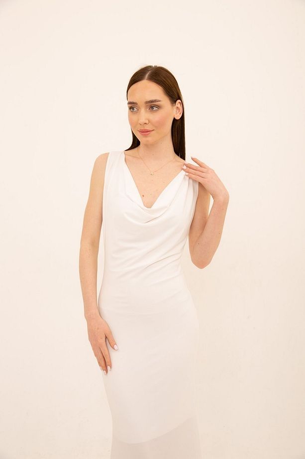 Ecru Degaje Yaka Balık Elbise - 9
