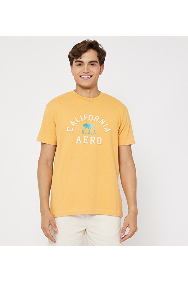 Men's Yellow Text Printed Crew Neck Short Sleeve T-Shirt