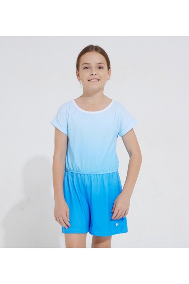 Women's Blue Color Block Scoop Neck Short Sleeve Playsuit