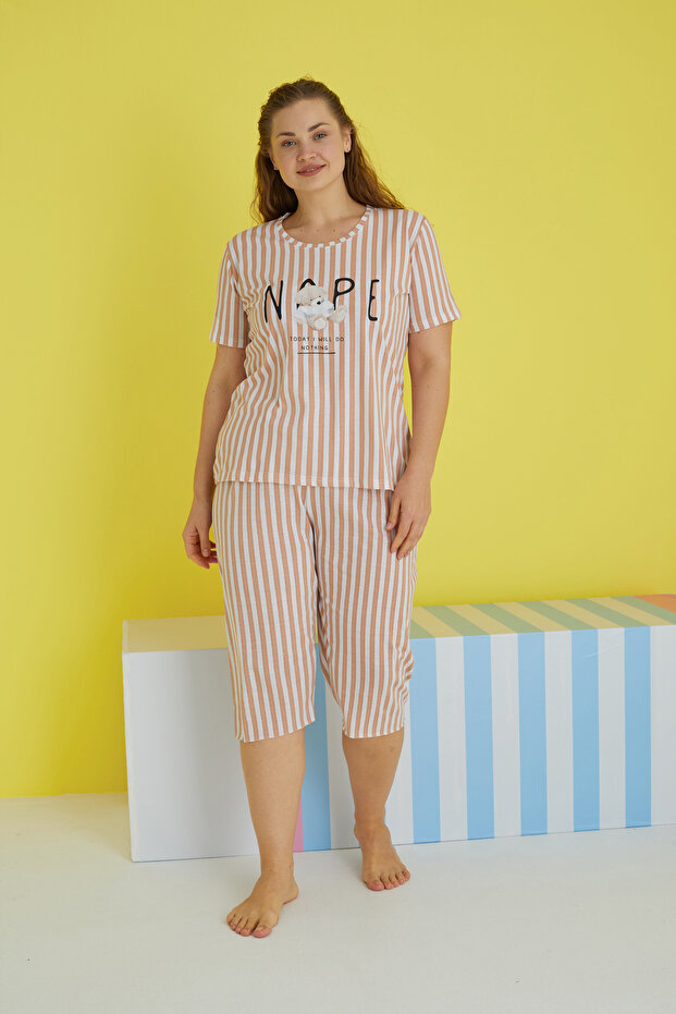Mink White Line Patterned Curve Large Size Oversize Capri Set - 1