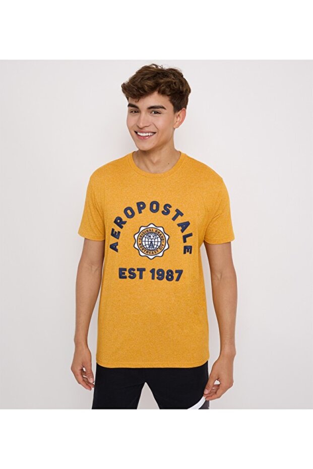 Men's Yellow Text Printed Crew Neck Short Sleeve T-Shirt