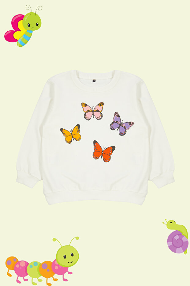 Ekru*003 Kız Çocuk Mevsimlik-İnce Kelebek Desenli Bisiklet Yaka Örme Sweatshirt TKDAW25SW00001 - 2