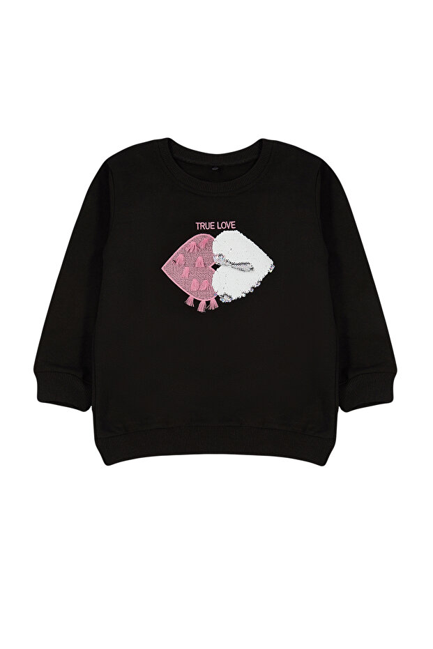Siyah*001 Kız Çocuk Mevsimlik-İnce Kalp Desenli Örme Sweatshirt TKDAW25SW00001 - 4