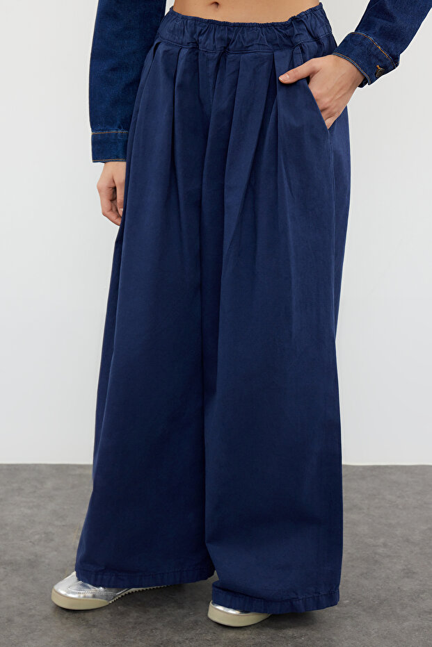 Lacivert Pileli Yüksek Bel Wide Leg Jeans TWOAW25JE00023 - 3