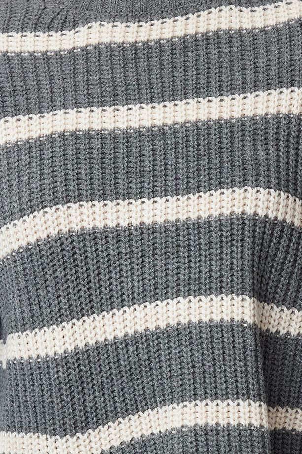 Antrasit Crop Basic Çizgili Triko Kazak TWOAW23KZ00390 - 3