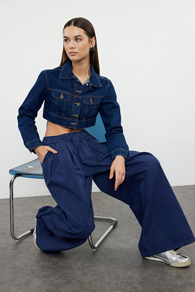 Lacivert Pileli Yüksek Bel Wide Leg Jeans TWOAW25JE00023 - 2