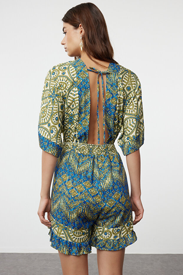 Etnik Desenli Dokuma Cut Out Detaylı Plaj Mini Tulum TBESS23EL00017 - 5