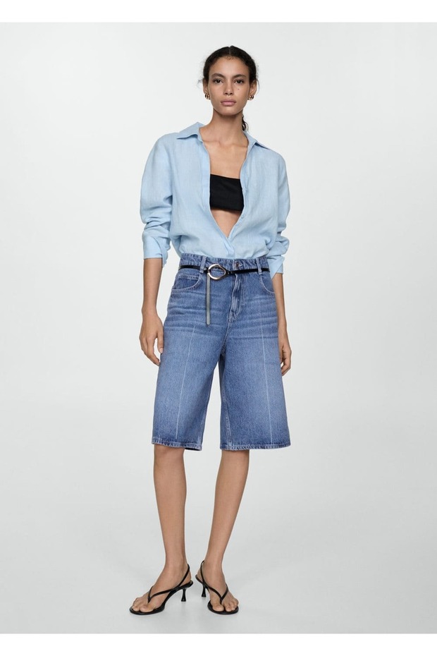 Düz Denim Bermuda Şort - 2