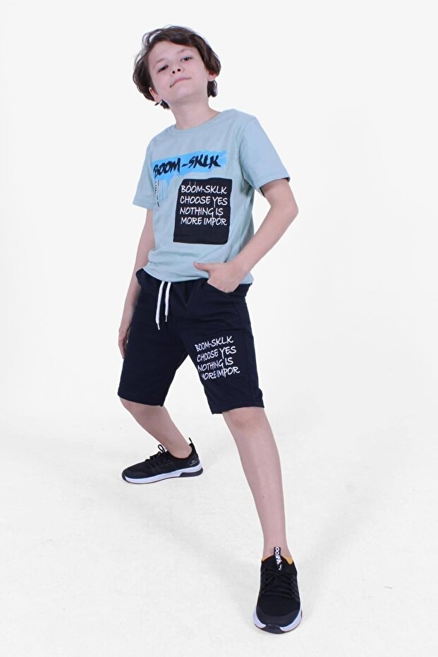 Boom Text Printed Capri Boy's Under-Top Mint Green Suit