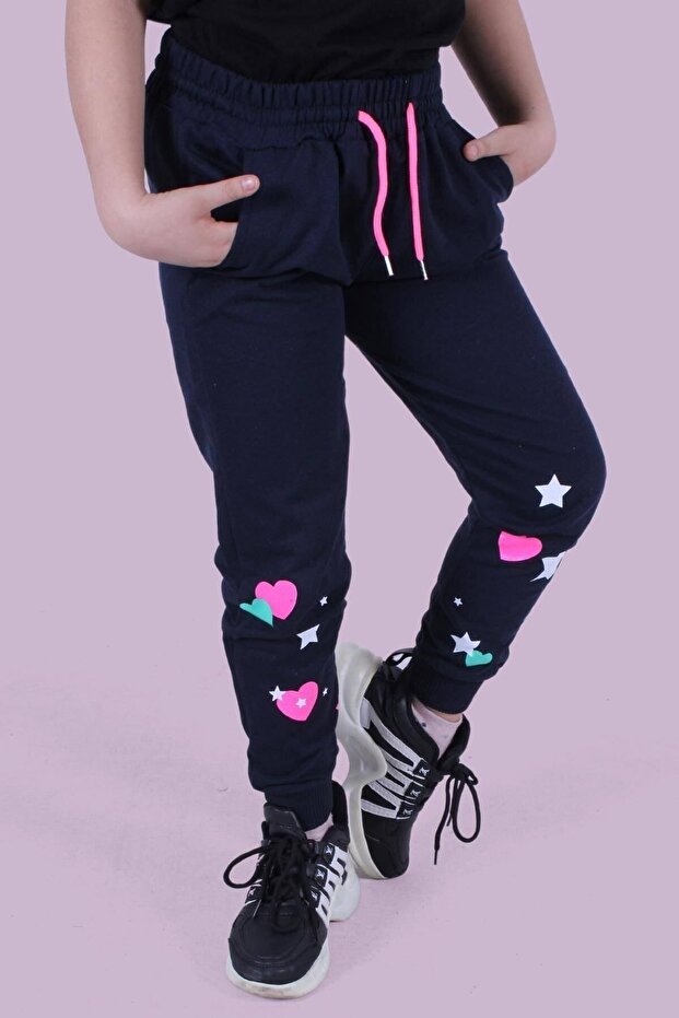 Girl's Navy Blue Sweatpants with Heart and Star Pattern Detail