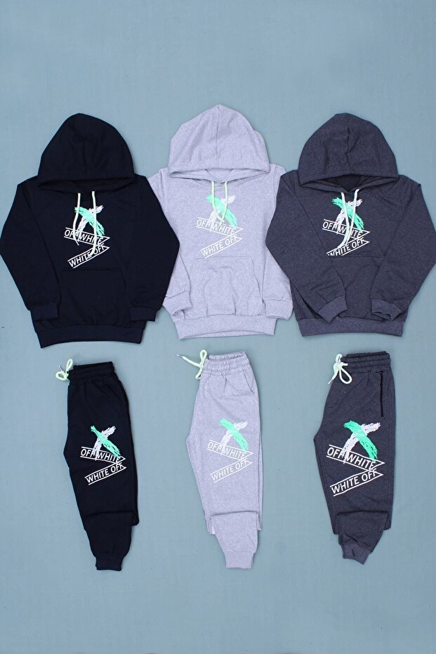 3-Piece Hooded Kangaroo Pocket X Printed Boy's Bottom-Top Tracksuit Set