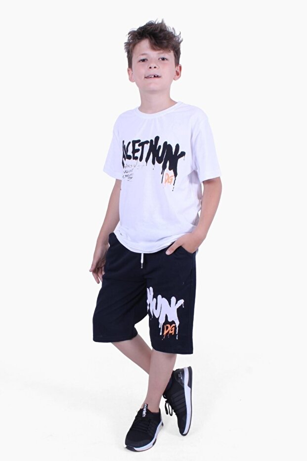 Hıcetnunk Text Printed Boy's White Summer Bottom-Top Set
