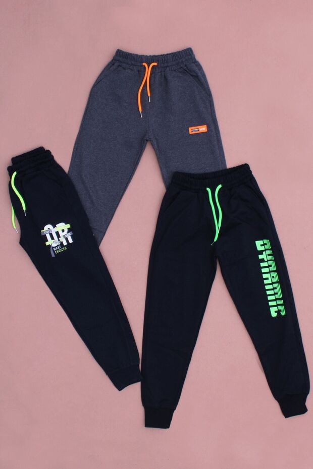 Set of 3 Boys' Sweatpants with Different Print Detail and Elastic Waistband
